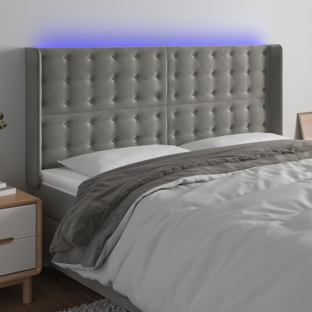 vidaXL Tăblie de pat cu LED, gri deschis, 183x16x118/128 cm, catifea