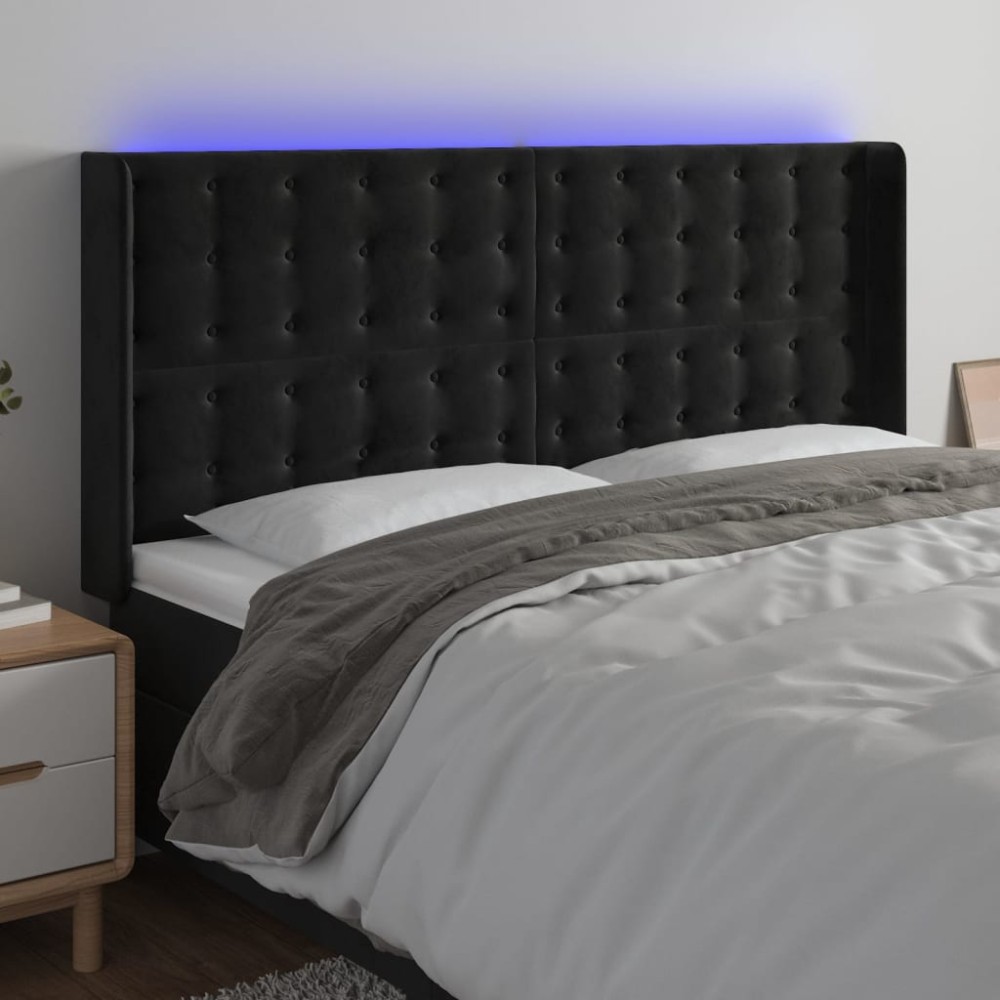 vidaXL Tăblie de pat cu LED, negru, 183x16x118/128 cm, catifea