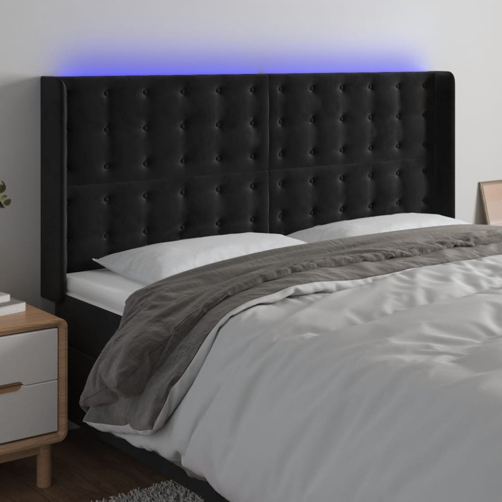 vidaXL Tăblie de pat cu LED, negru, 203x16x118/128 cm, catifea