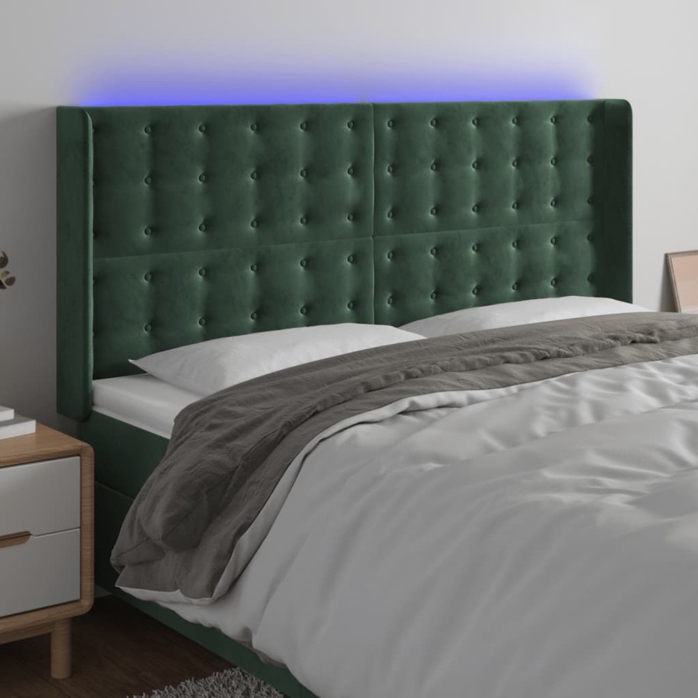 vidaXL Tăblie de pat cu LED, verde închis, 203x16x118/128 cm, catifea