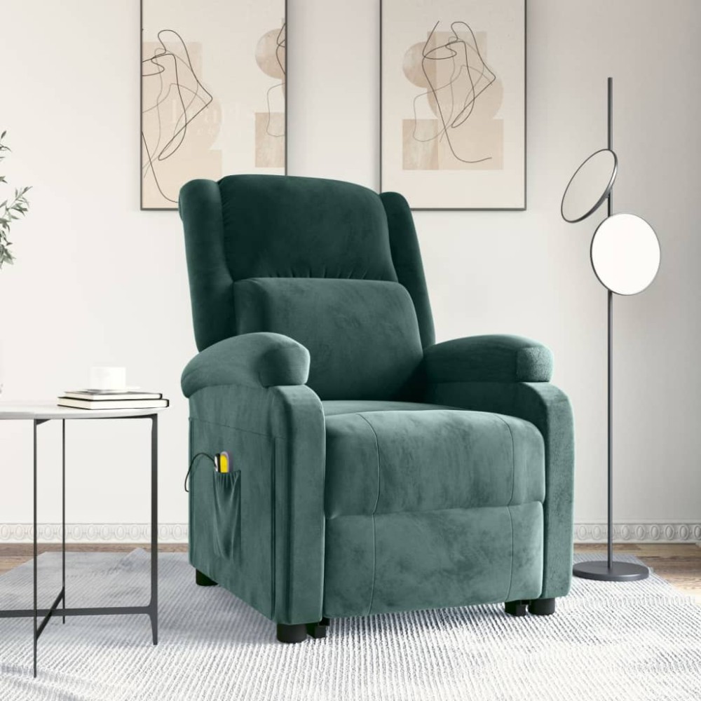 vidaXL Fotoliu de masaj cu ridicare, verde închis, catifea