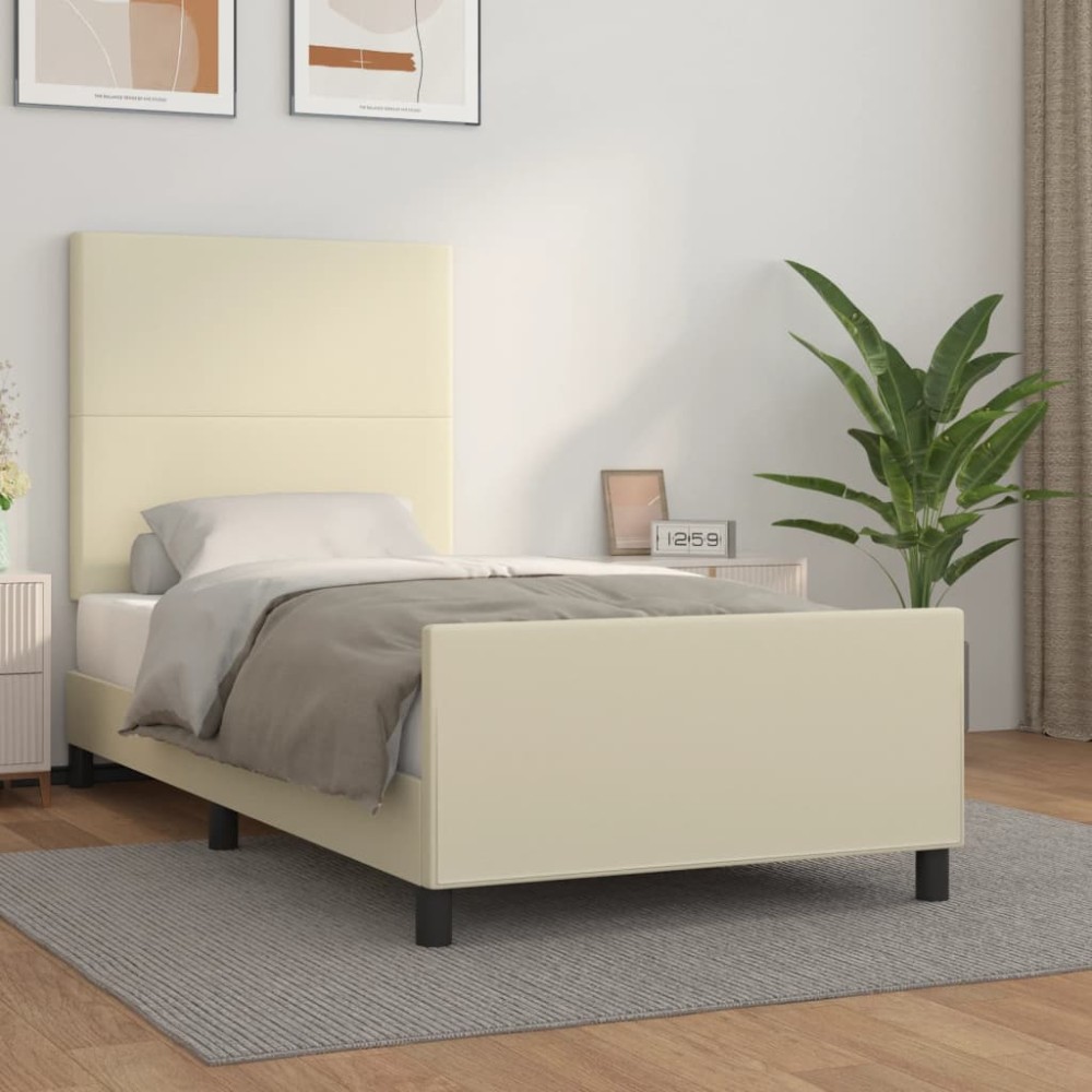 vidaXL Cadru de pat cu tăblie, crem, 90x200 cm, piele ecologică