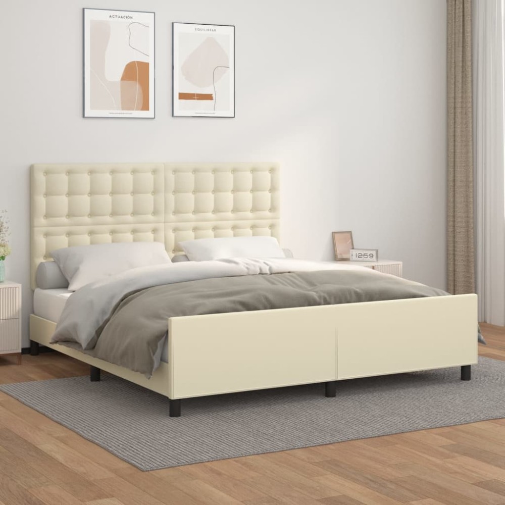 vidaXL Cadru de pat cu tăblie, crem, 160x200 cm, piele ecologică