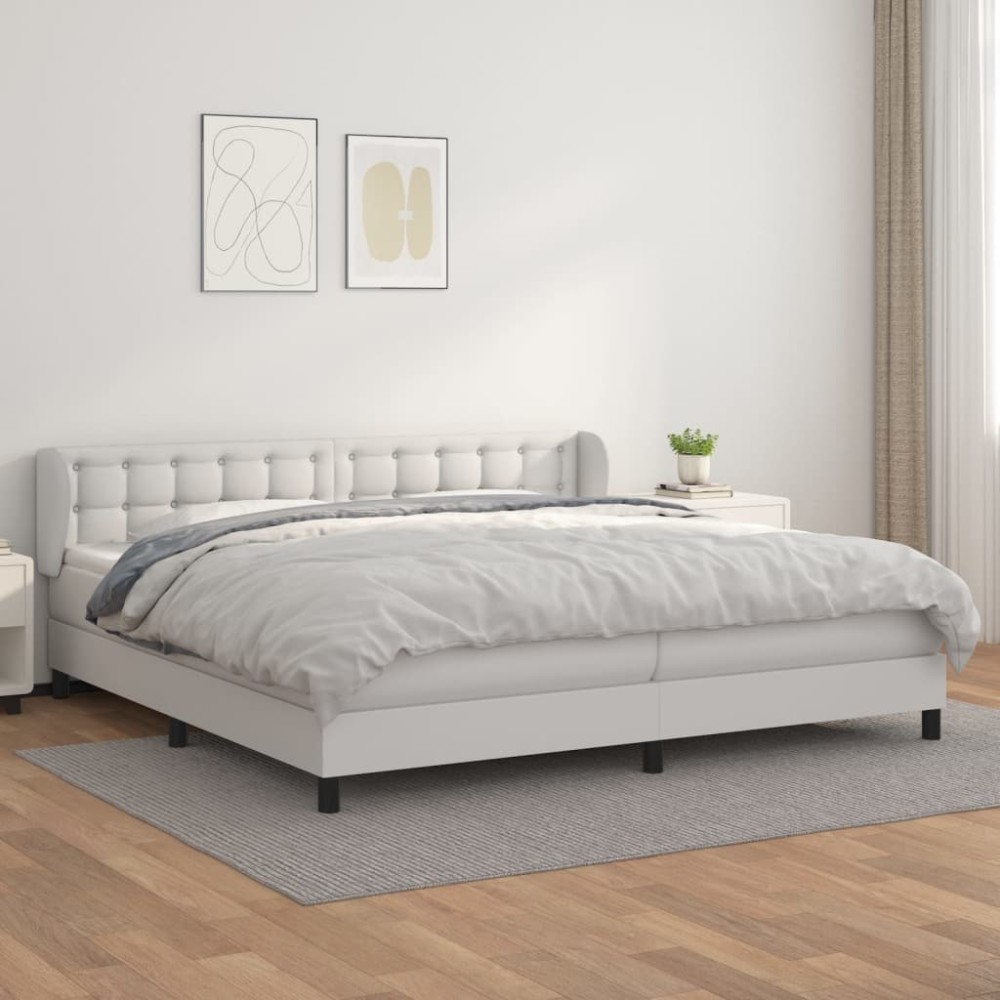 vidaXL Pat cu arcuri, cu saltea, alb, 200x200 cm, piele ecologică