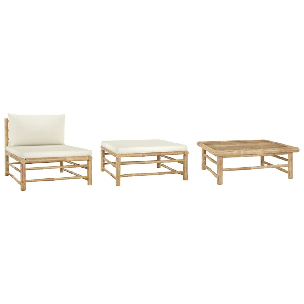 vidaXL Set mobilier de grădină, cu perne alb crem, 3 piese, bambus
