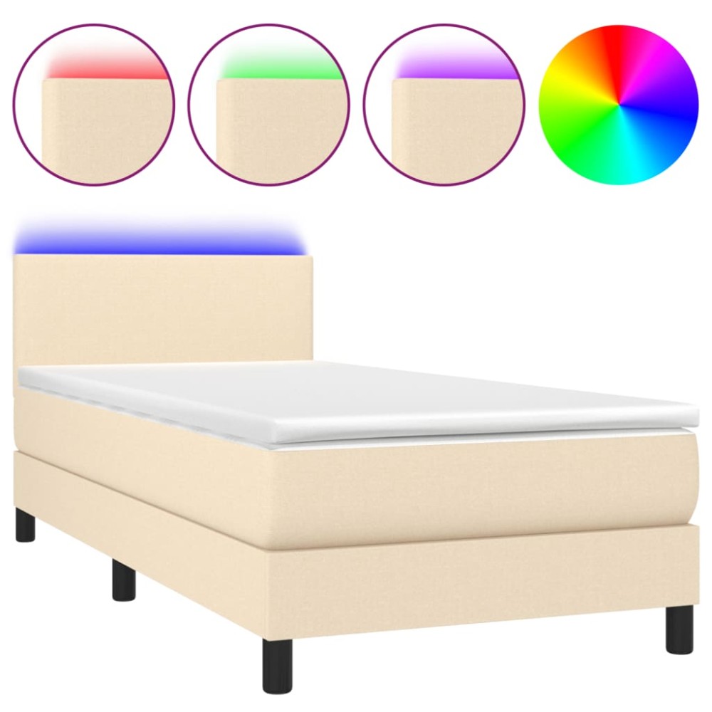 vidaXL Pat cu arcuri, saltea și LED, crem, 90x190 cm, textil