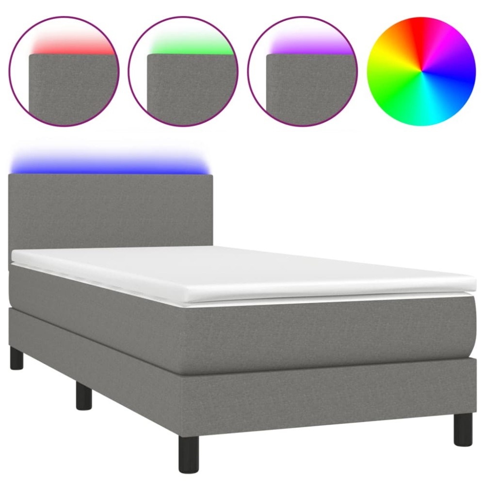 vidaXL Pat cu arcuri, saltea și LED, gri închis, 90x200 cm, textil