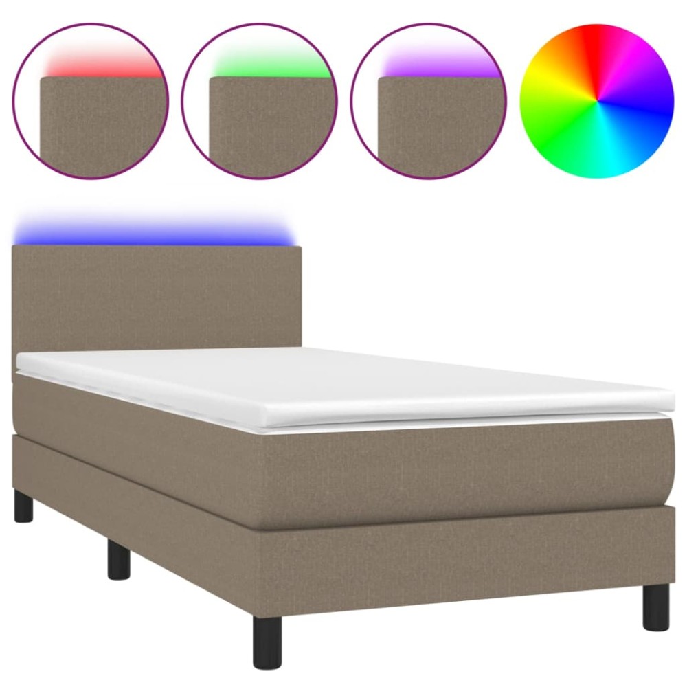 vidaXL Pat cu arcuri, saltea și LED, gri taupe, 90x200 cm, textil