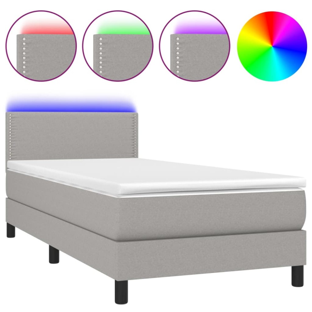 vidaXL Pat cu arcuri, saltea și LED, gri deschis, 90x200 cm, textil