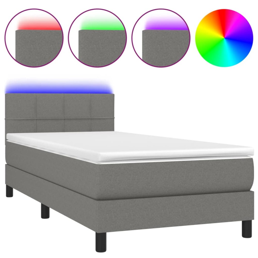 vidaXL Pat cu arcuri, saltea și LED, gri închis, 90x190 cm, textil