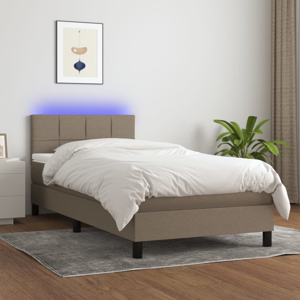 vidaXL Pat cu arcuri, saltea și LED, gri taupe, 90x190 cm, textil