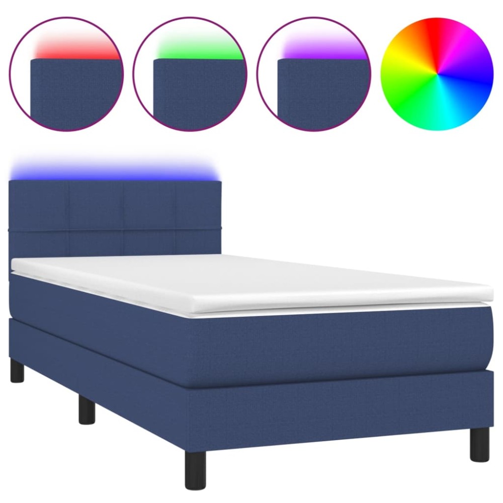 vidaXL Pat cu arcuri, saltea și LED, albastru, 90x190 cm, textil