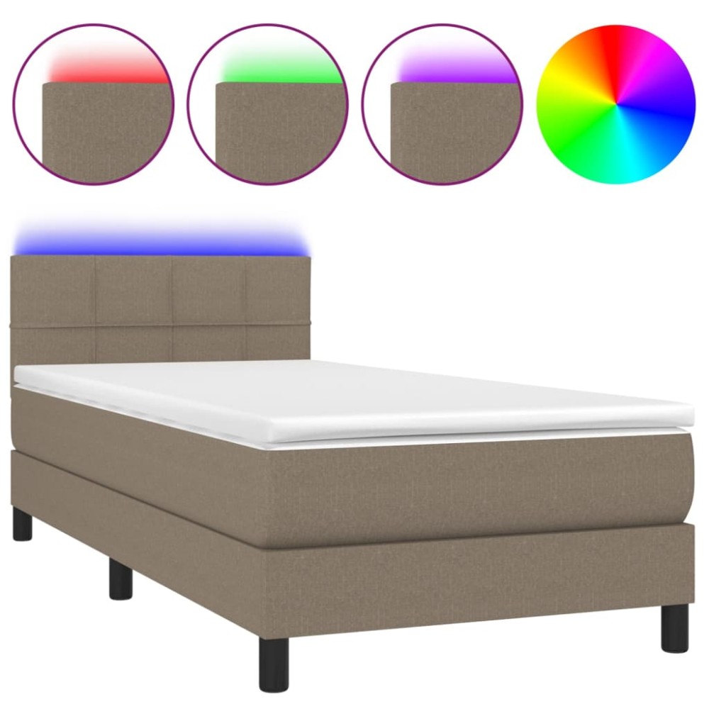 vidaXL Pat cu arcuri, saltea și LED, gri taupe, 90x200 cm, textil