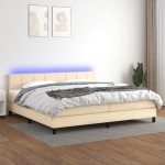 vidaXL Pat cu arcuri, saltea și LED, crem, 200x200 cm, textil