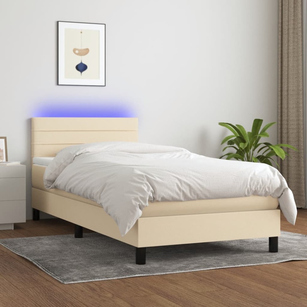 vidaXL Pat cu arcuri, saltea și LED, crem, 80x200 cm, textil