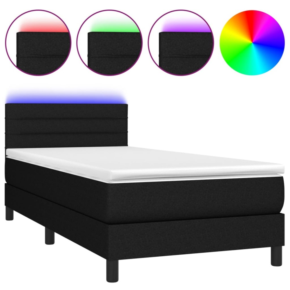 vidaXL Pat cu arcuri, saltea și LED, negru, 90x190 cm, textil