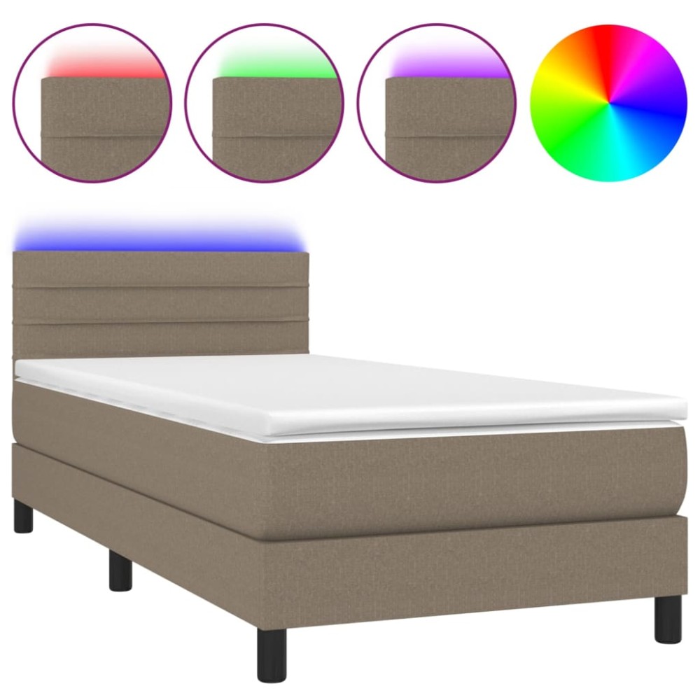vidaXL Pat cu arcuri, saltea și LED, gri taupe, 90x190 cm, textil