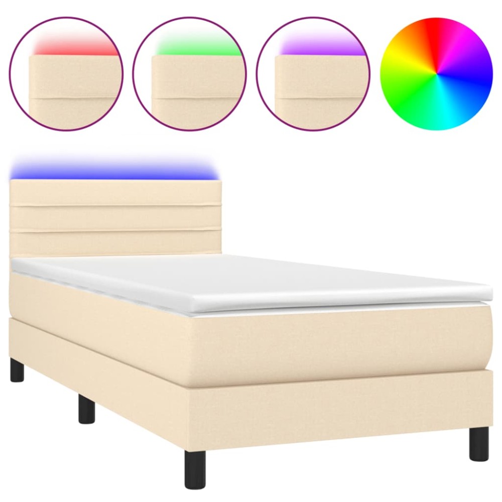 vidaXL Pat cu arcuri, saltea și LED, crem, 90x190 cm, textil
