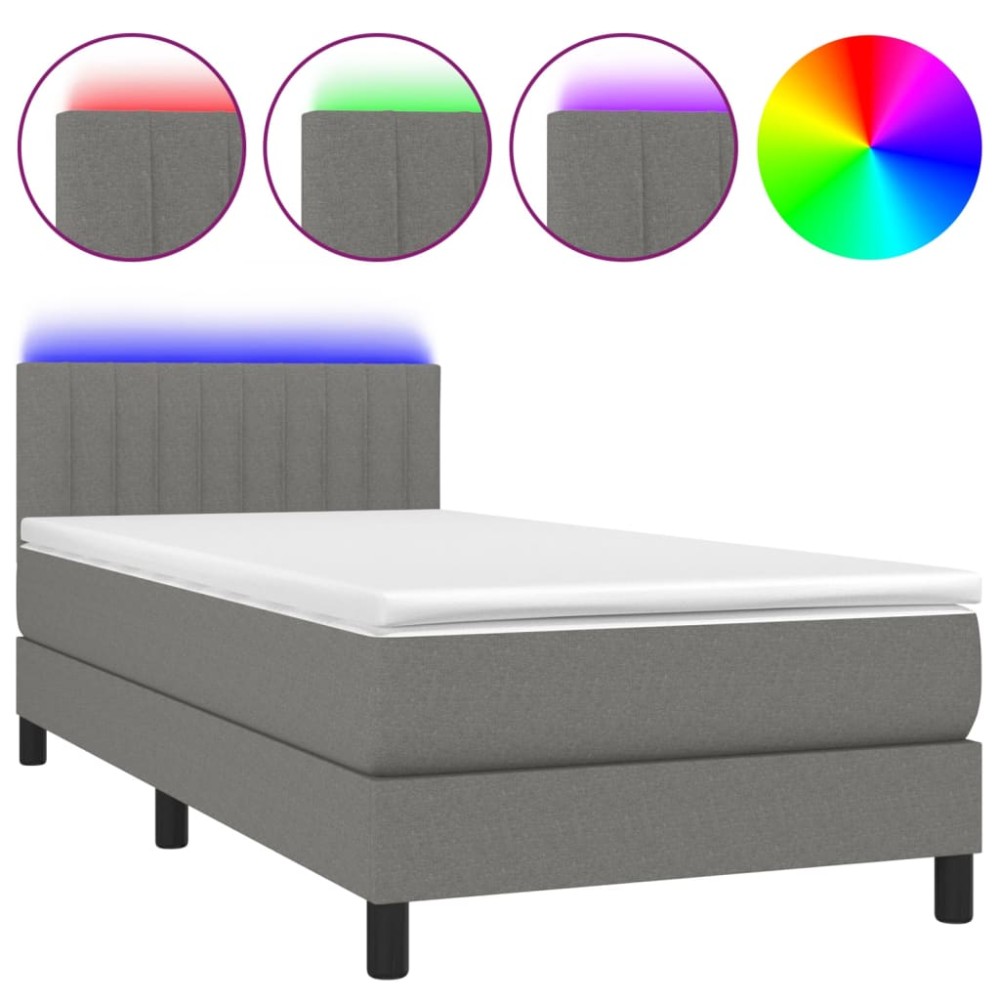 vidaXL Pat cu arcuri, saltea și LED, gri închis, 90x190 cm, textil