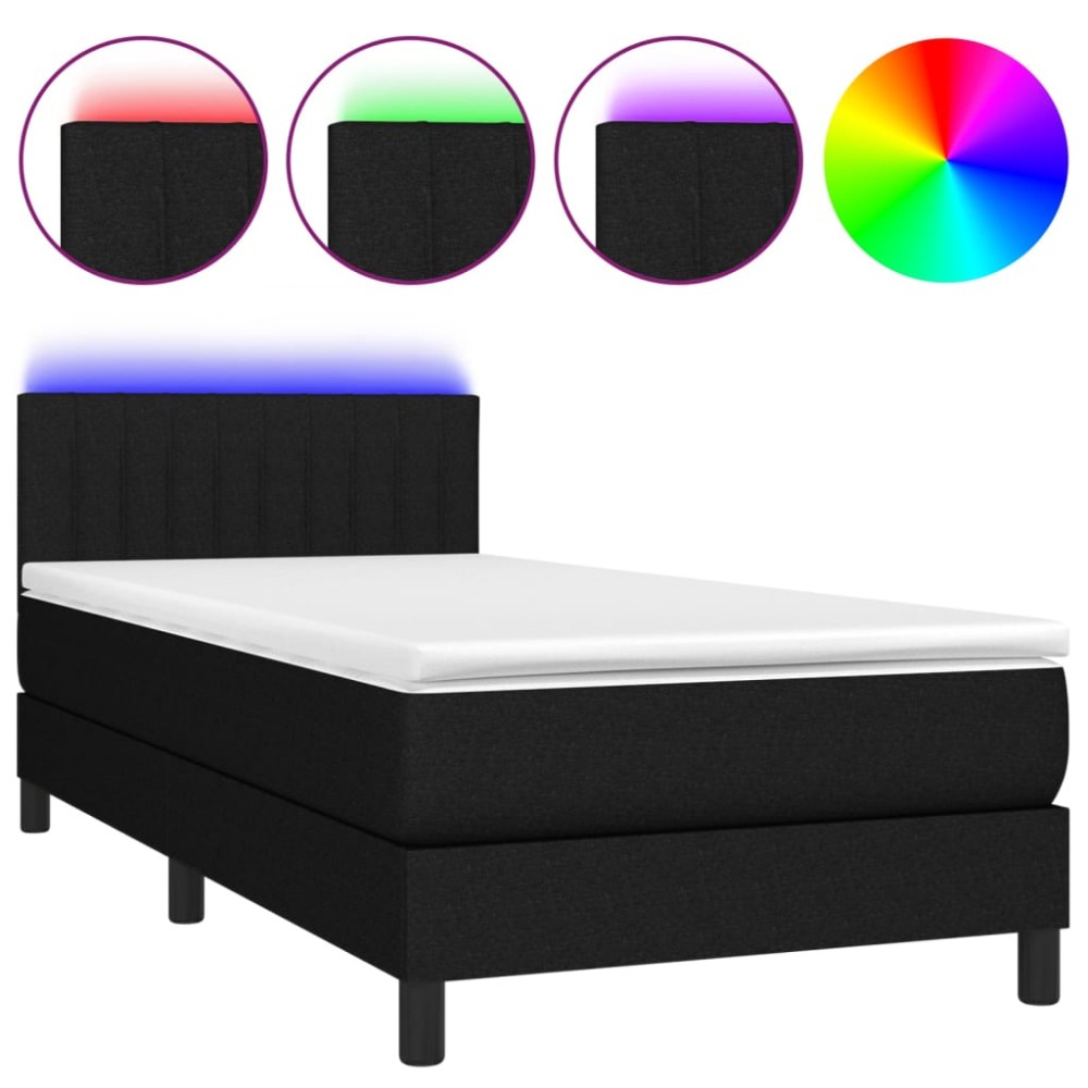 vidaXL Pat cu arcuri, saltea și LED, negru, 90x200 cm, textil
