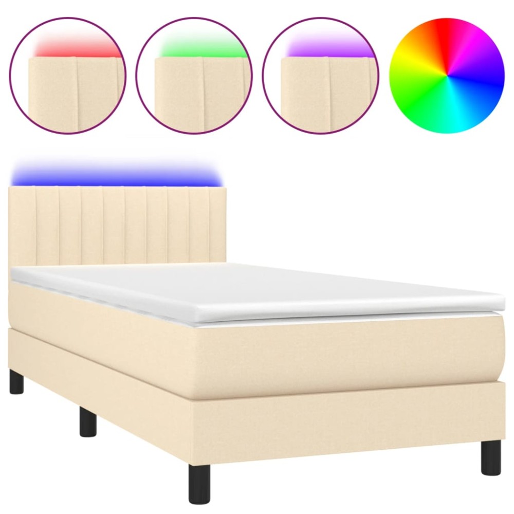 vidaXL Pat cu arcuri, saltea și LED, crem, 90x200 cm, textil