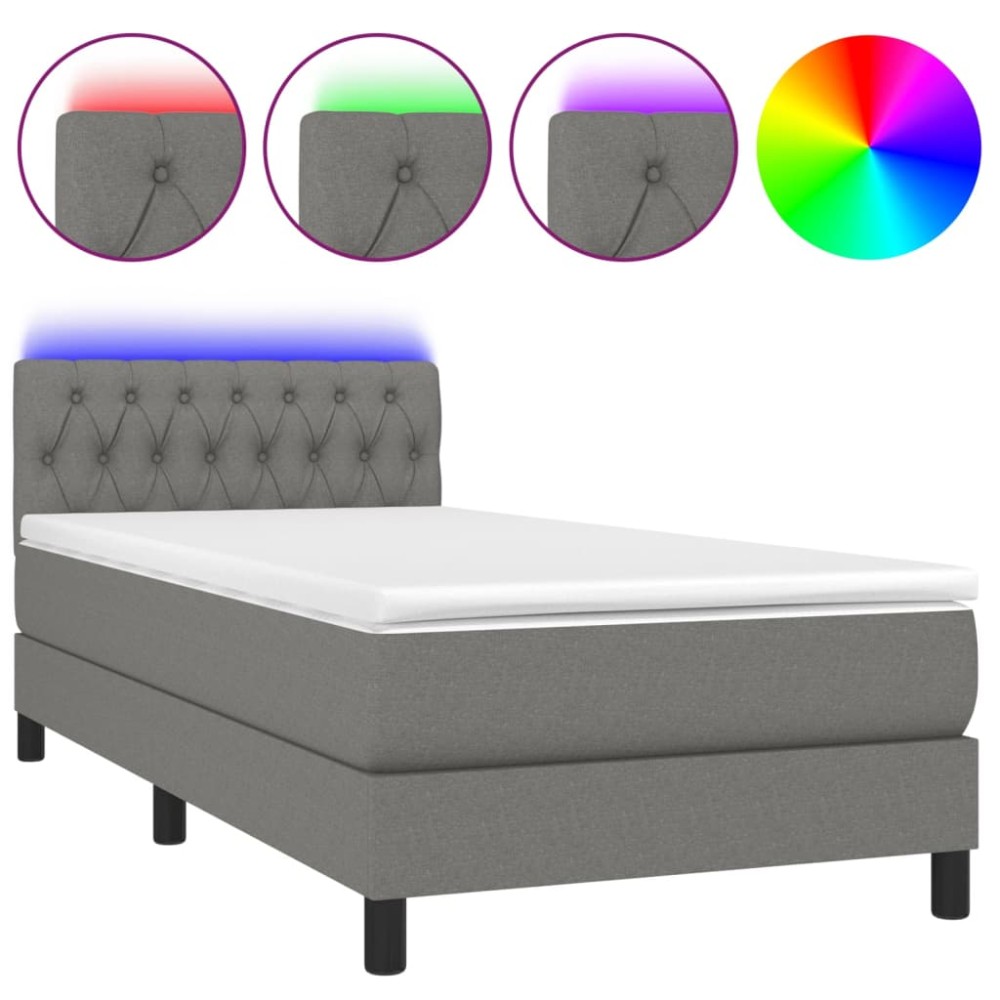 vidaXL Pat cu arcuri, saltea și LED, gri închis, 90x190 cm, textil