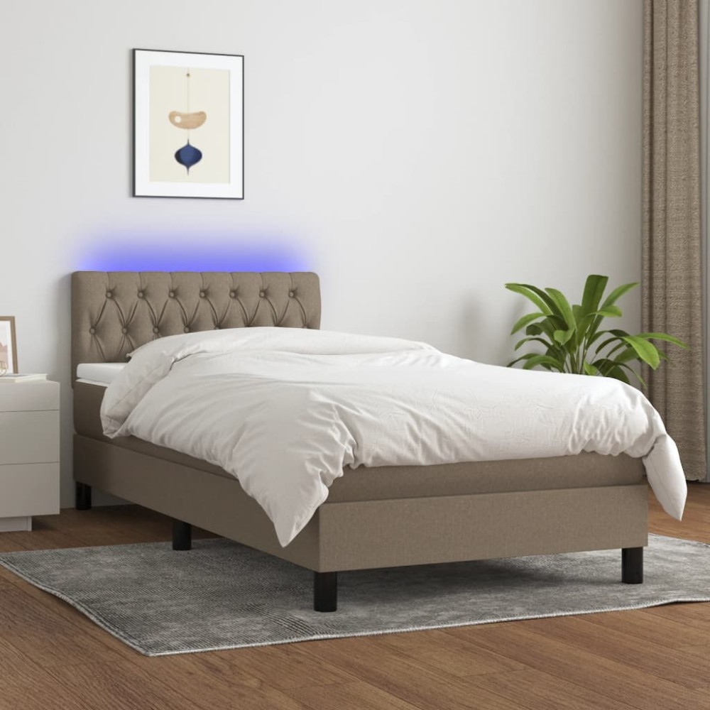 vidaXL Pat cu arcuri, saltea și LED, gri taupe, 90x190 cm, textil