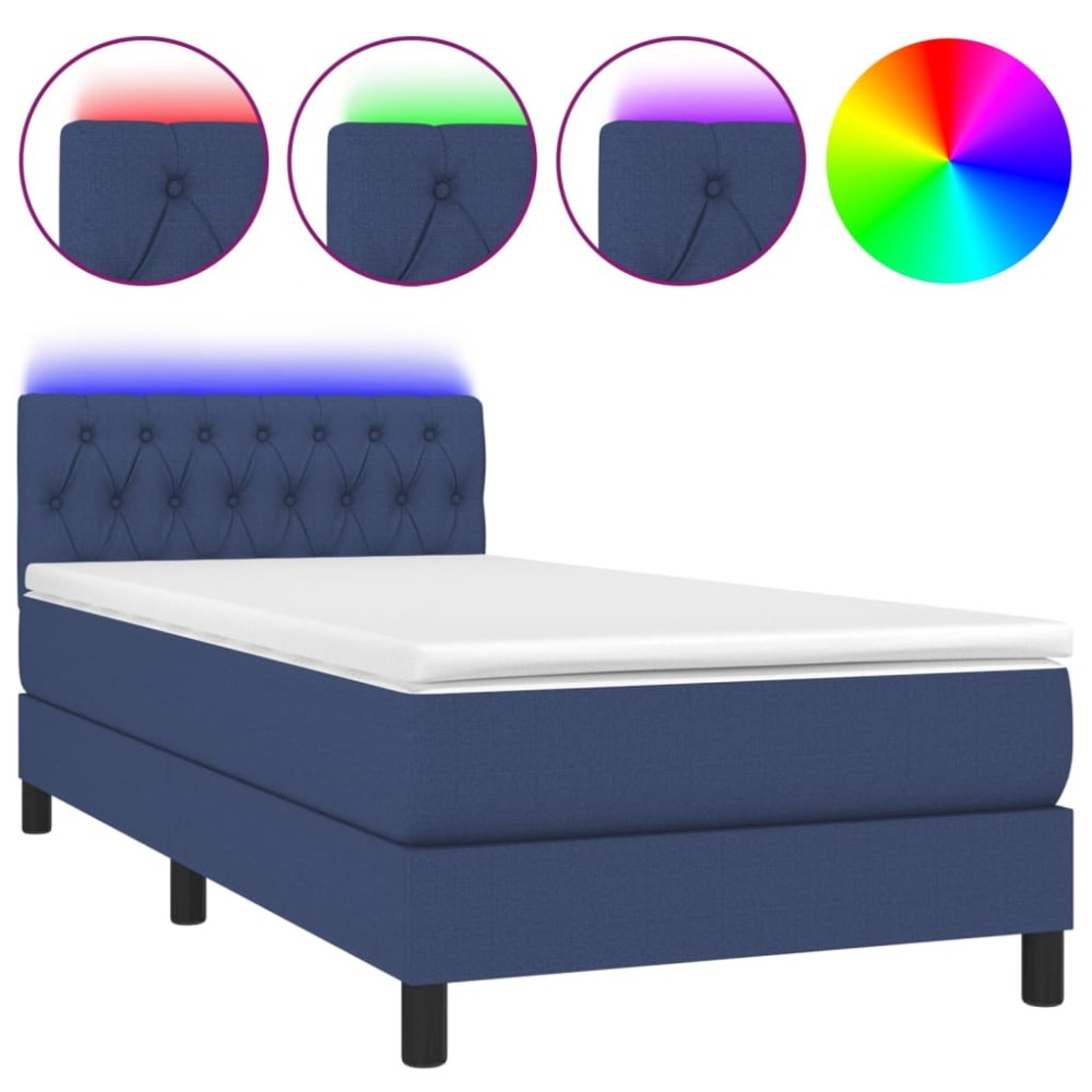 vidaXL Pat cu arcuri, saltea și LED, albastru, 90x190 cm, textil