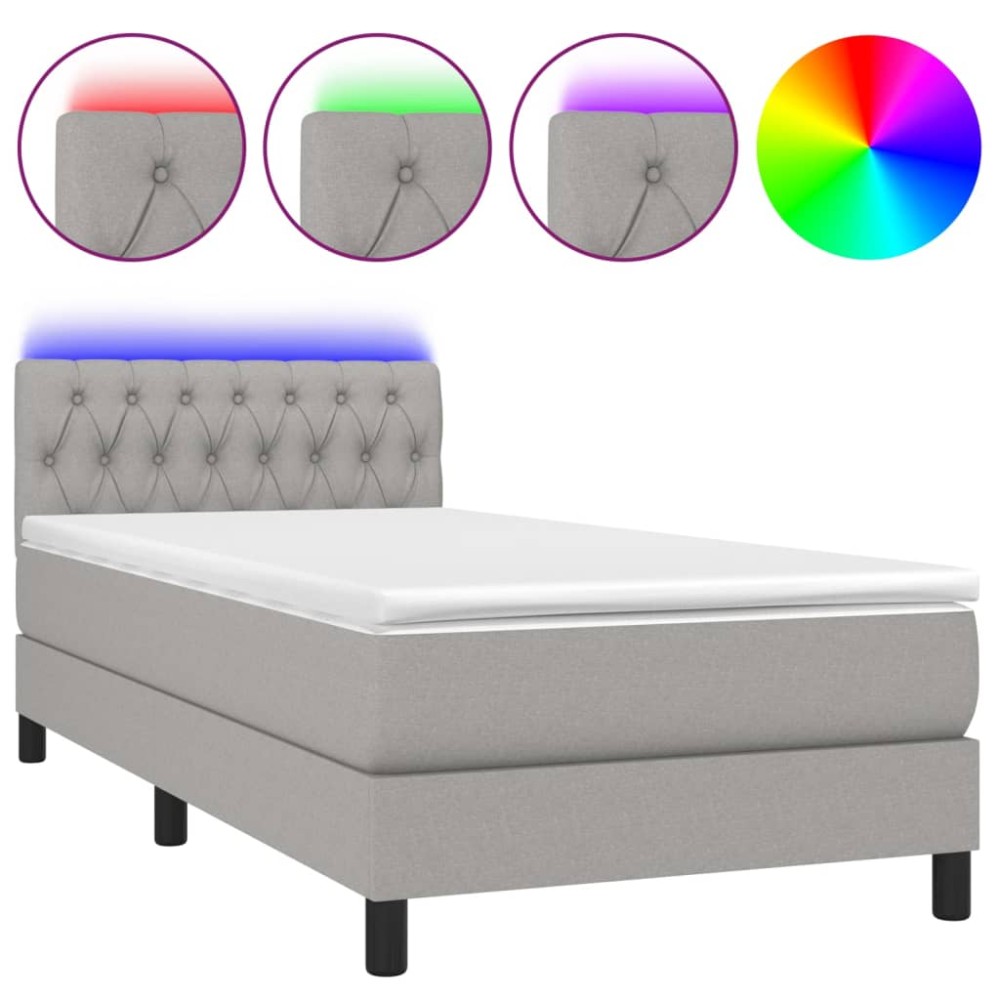 vidaXL Pat cu arcuri, saltea și LED, gri deschis, 90x200 cm, textil