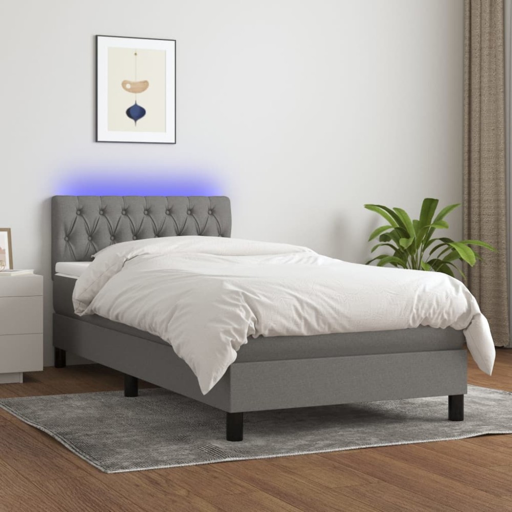 vidaXL Pat cu arcuri, saltea și LED, gri închis, 90x200 cm, textil