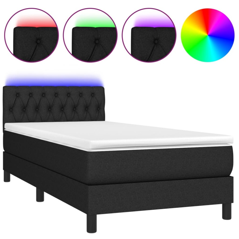 vidaXL Pat cu arcuri, saltea și LED, negru, 90x200 cm, textil
