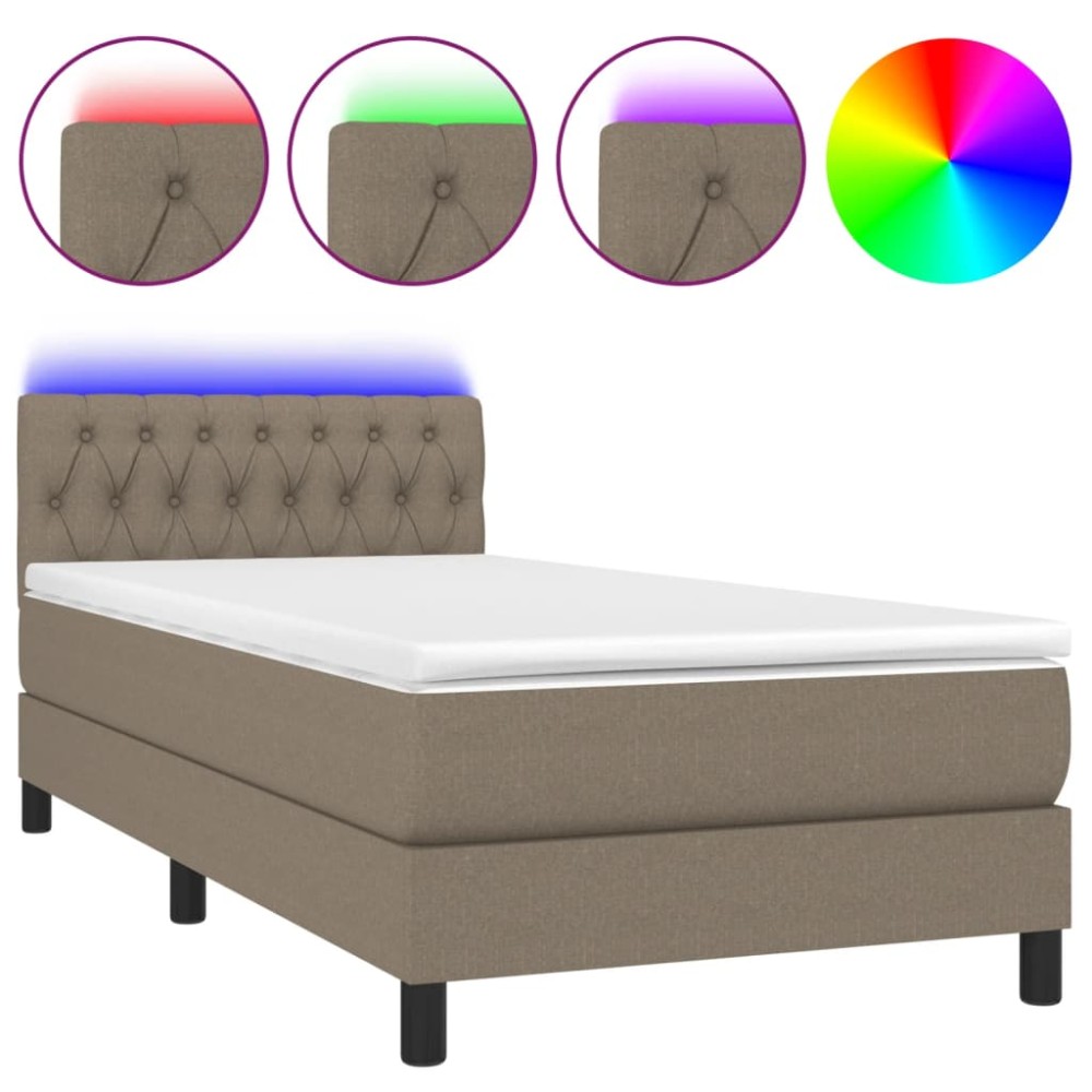 vidaXL Pat cu arcuri, saltea și LED, gri taupe, 90x200 cm, textil