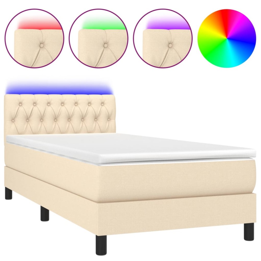 vidaXL Pat cu arcuri, saltea și LED, crem, 90x200 cm, textil
