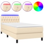 vidaXL Pat cu arcuri, saltea și LED, crem, 90x200 cm, textil vidaXL Pat cu arcuri, saltea și LED, crem, 90x200 cm, textil