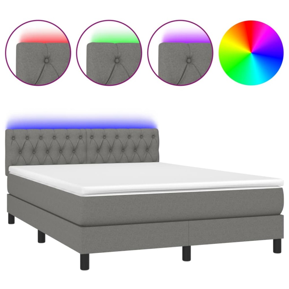 vidaXL Pat cu arcuri, saltea și LED, gri închis, 140x190 cm, textil
