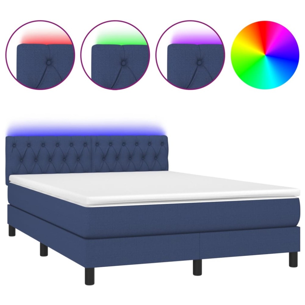 vidaXL Pat cu arcuri, saltea și LED, albastru, 140x190 cm, textil
