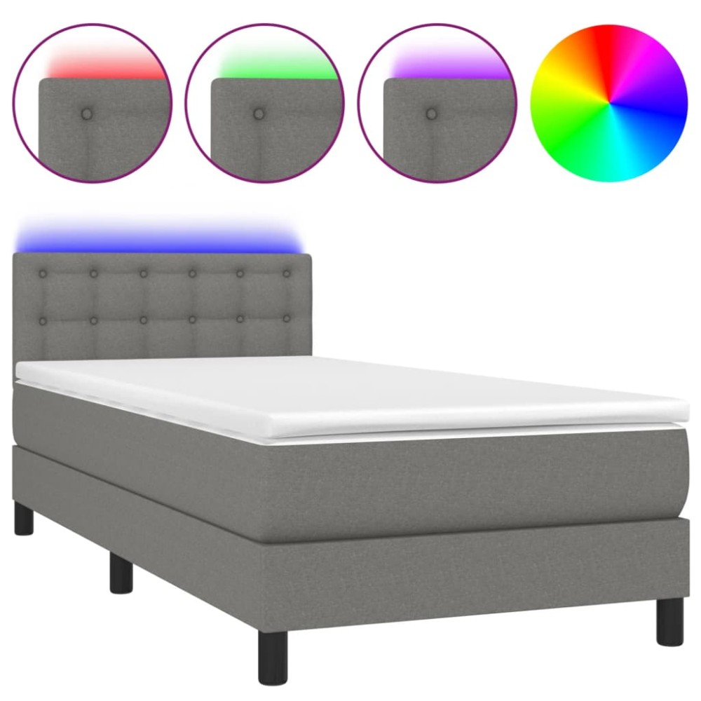 vidaXL Pat cu arcuri, saltea și LED, gri închis, 90x190 cm, textil