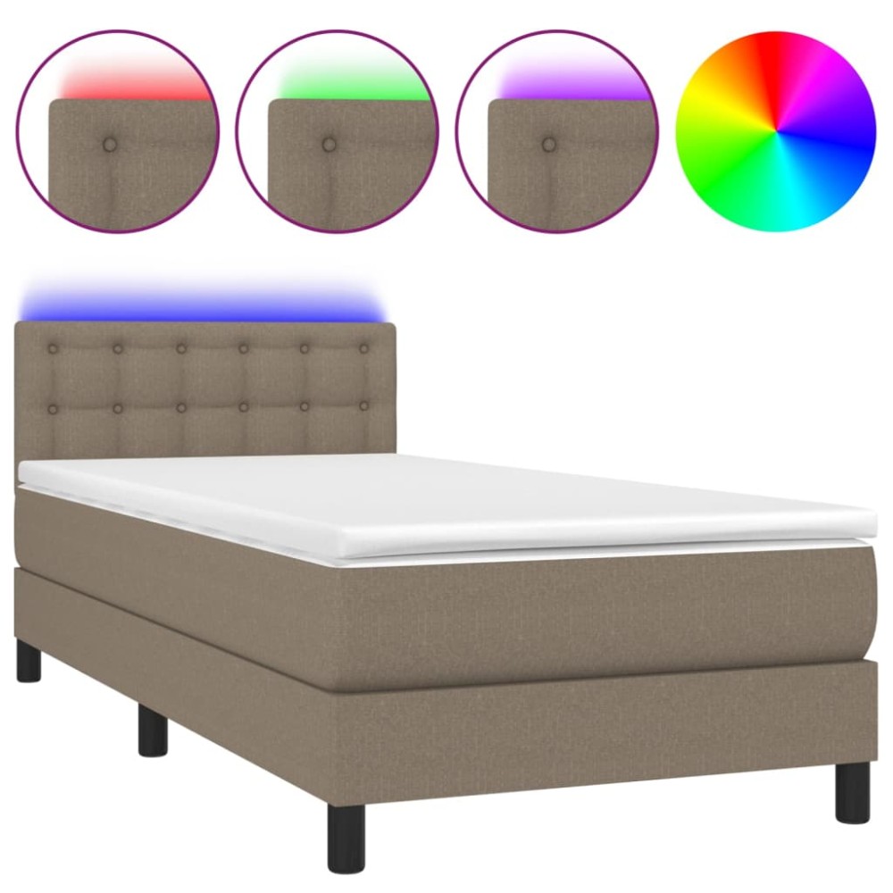 vidaXL Pat cu arcuri, saltea și LED, gri taupe, 90x200 cm, textil