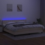 vidaXL Pat cu arcuri, saltea și LED, crem, 200x200 cm, textil