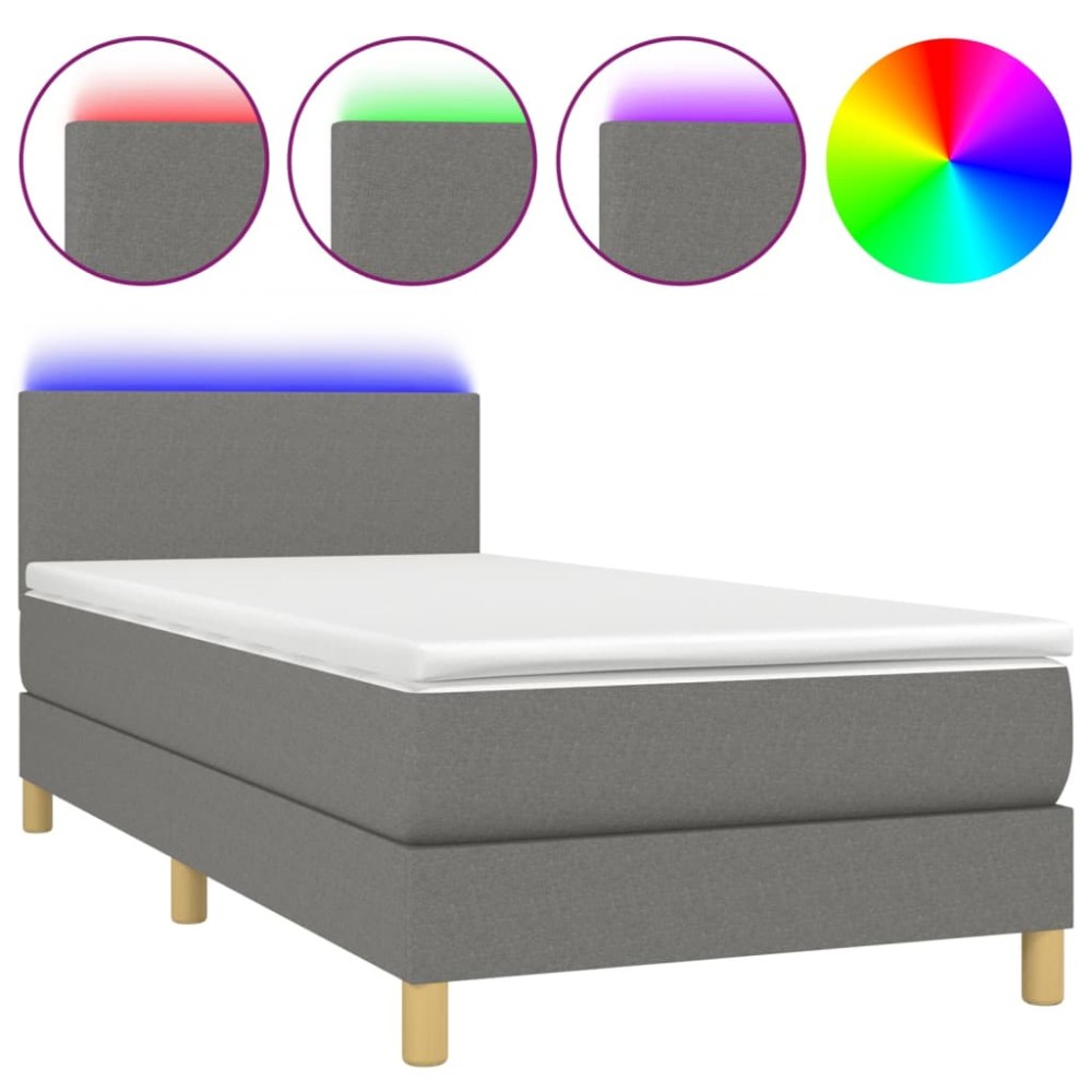 vidaXL Pat cu arcuri, saltea și LED, gri închis, 90x200 cm, textil