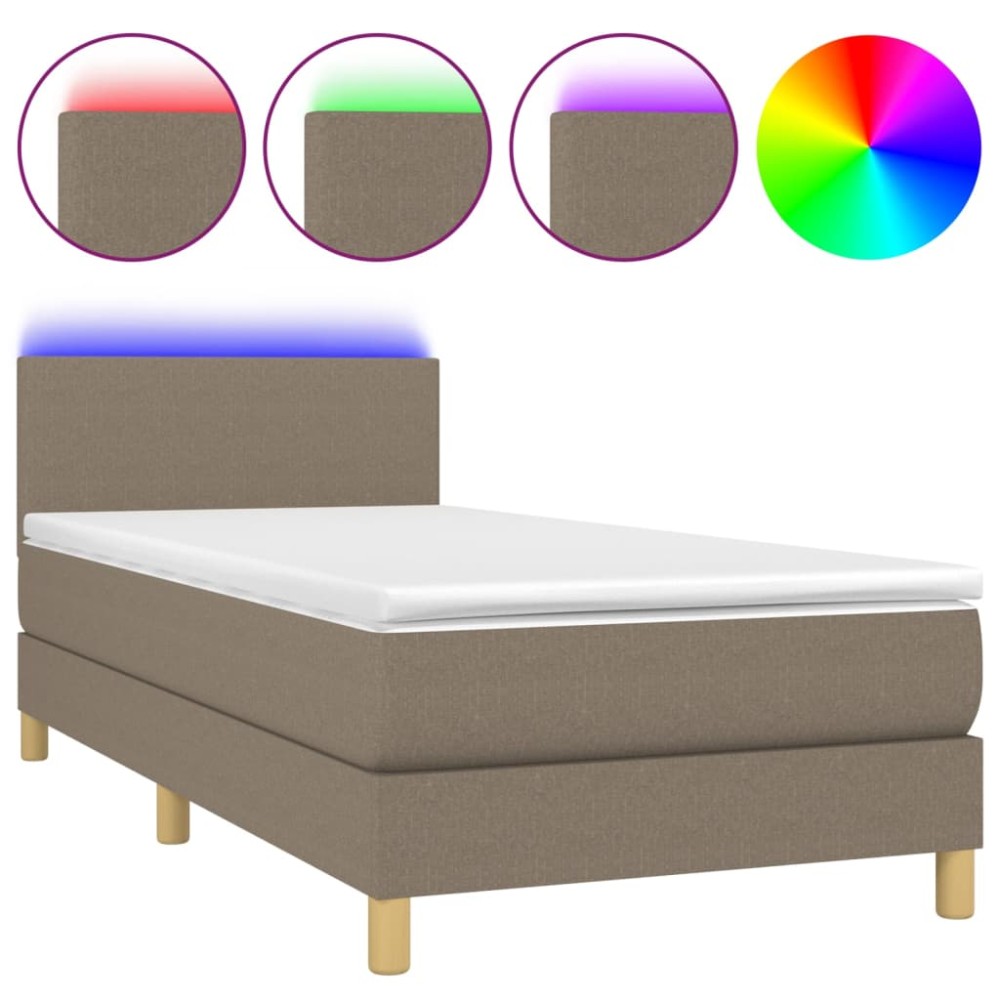 vidaXL Pat cu arcuri, saltea și LED, gri taupe, 90x200 cm, textil