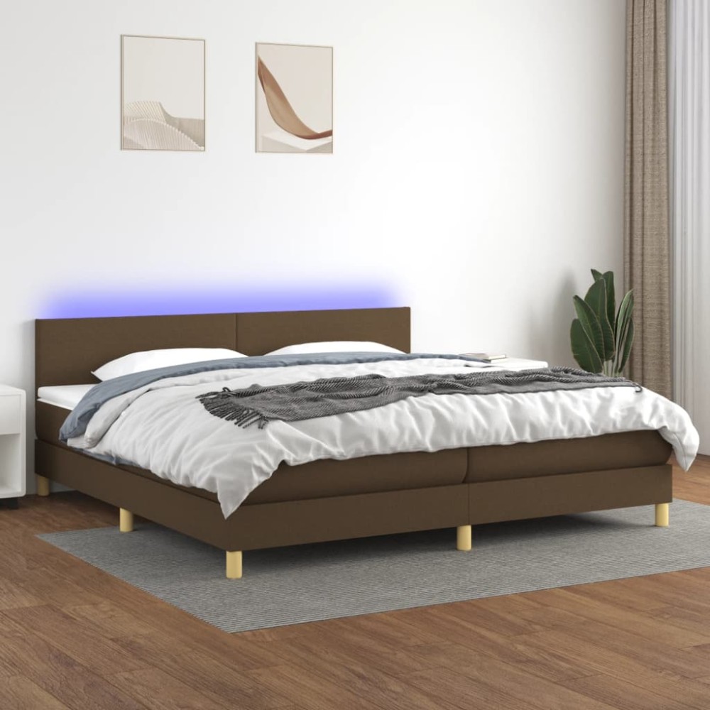 vidaXL Pat cu arcuri, saltea și LED, maro închis, 200x200 cm, textil