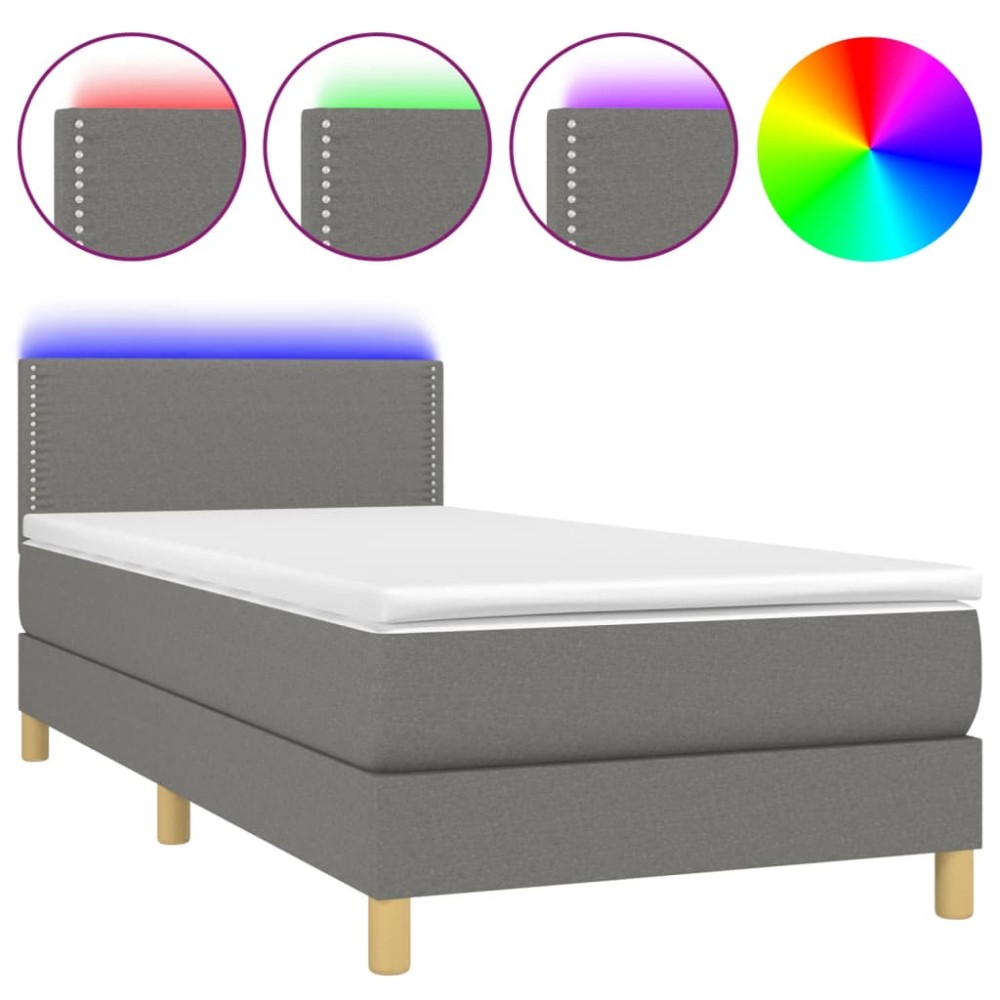 vidaXL Pat cu arcuri, saltea și LED, gri închis, 90x190 cm, textil