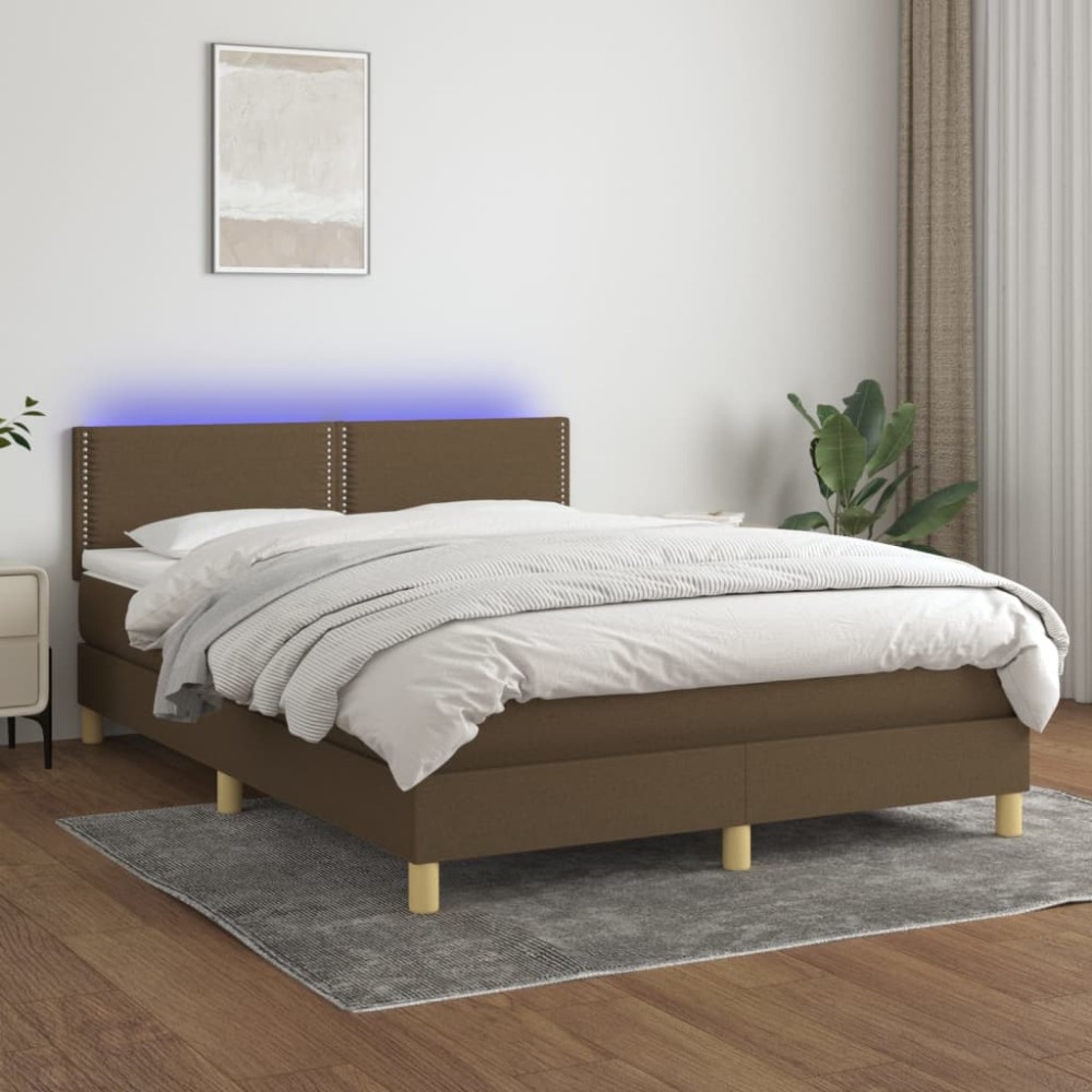vidaXL Pat cu arcuri, saltea și LED, maro închis, 140x190 cm, textil