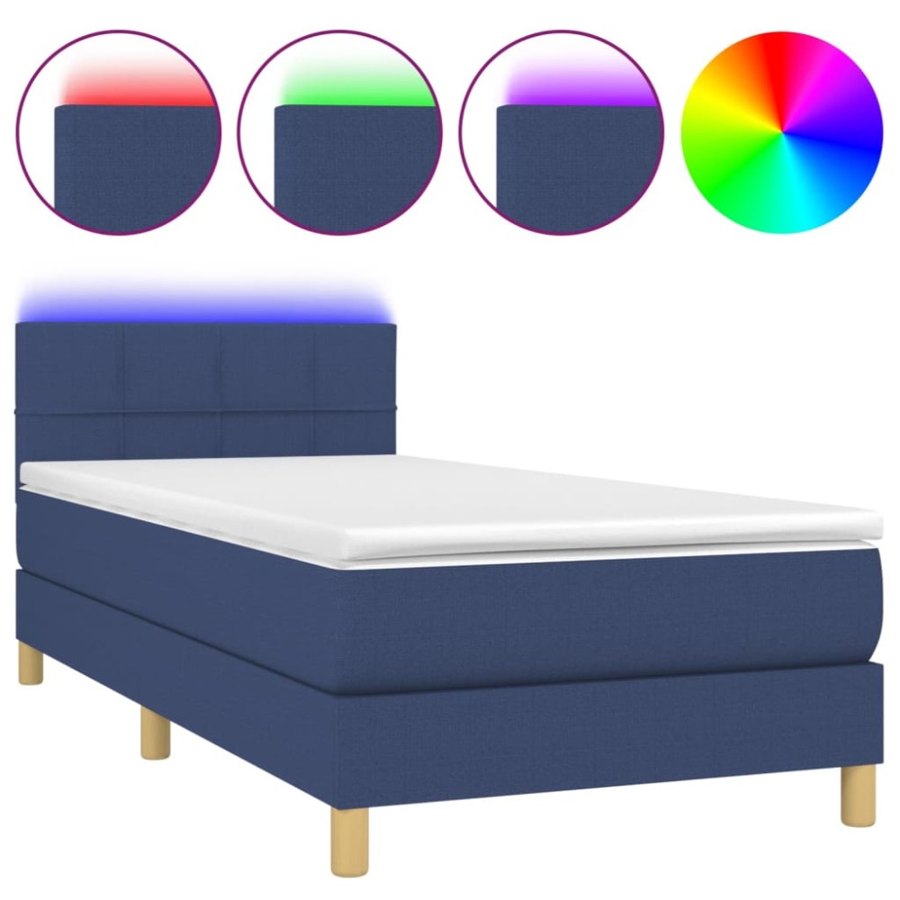 vidaXL Pat cu arcuri, saltea și LED, albastru, 90x190 cm, textil