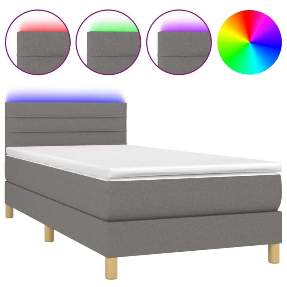 vidaXL Pat cu arcuri, saltea și LED, gri închis, 90x190 cm, textil