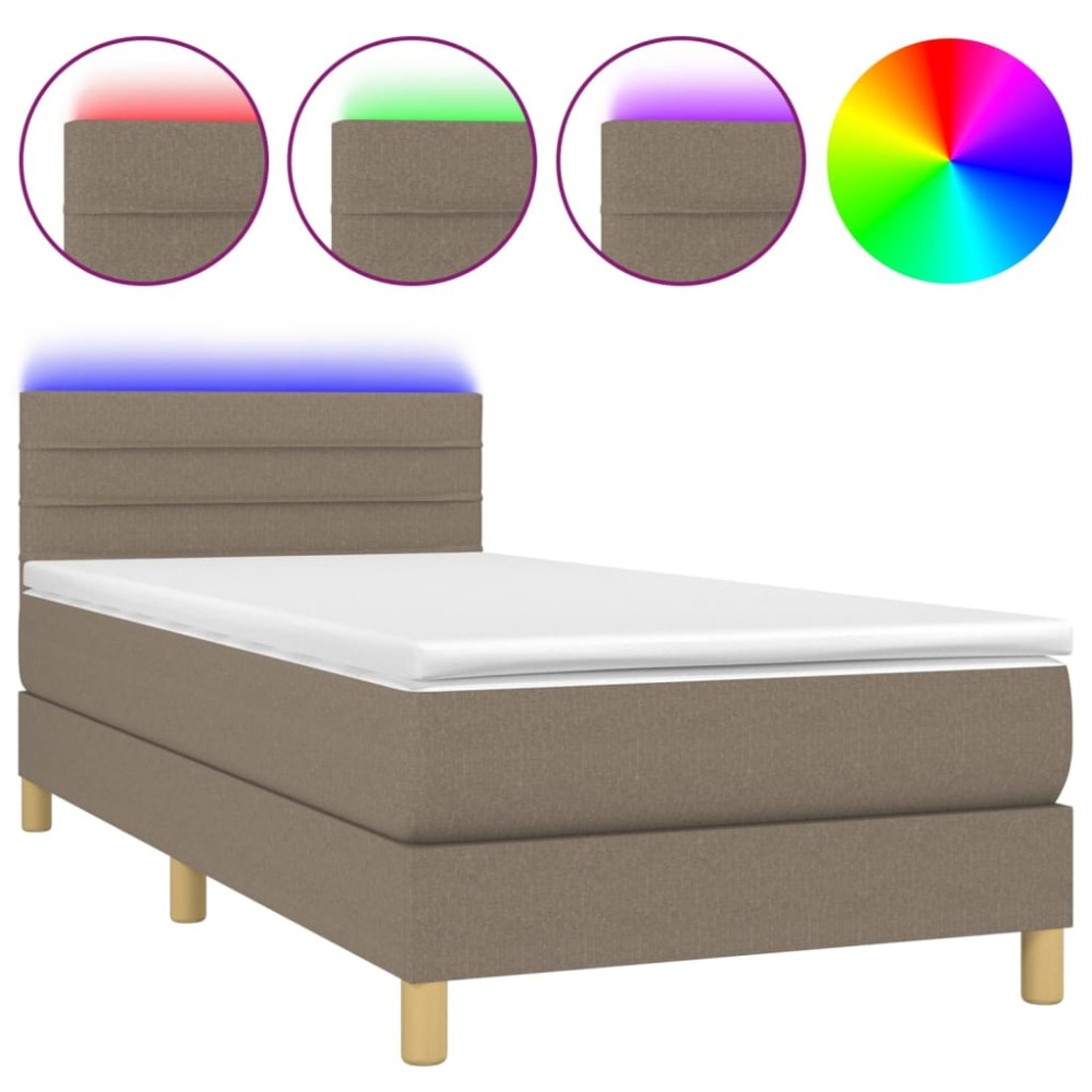 vidaXL Pat cu arcuri, saltea și LED, gri taupe, 90x190 cm, textil