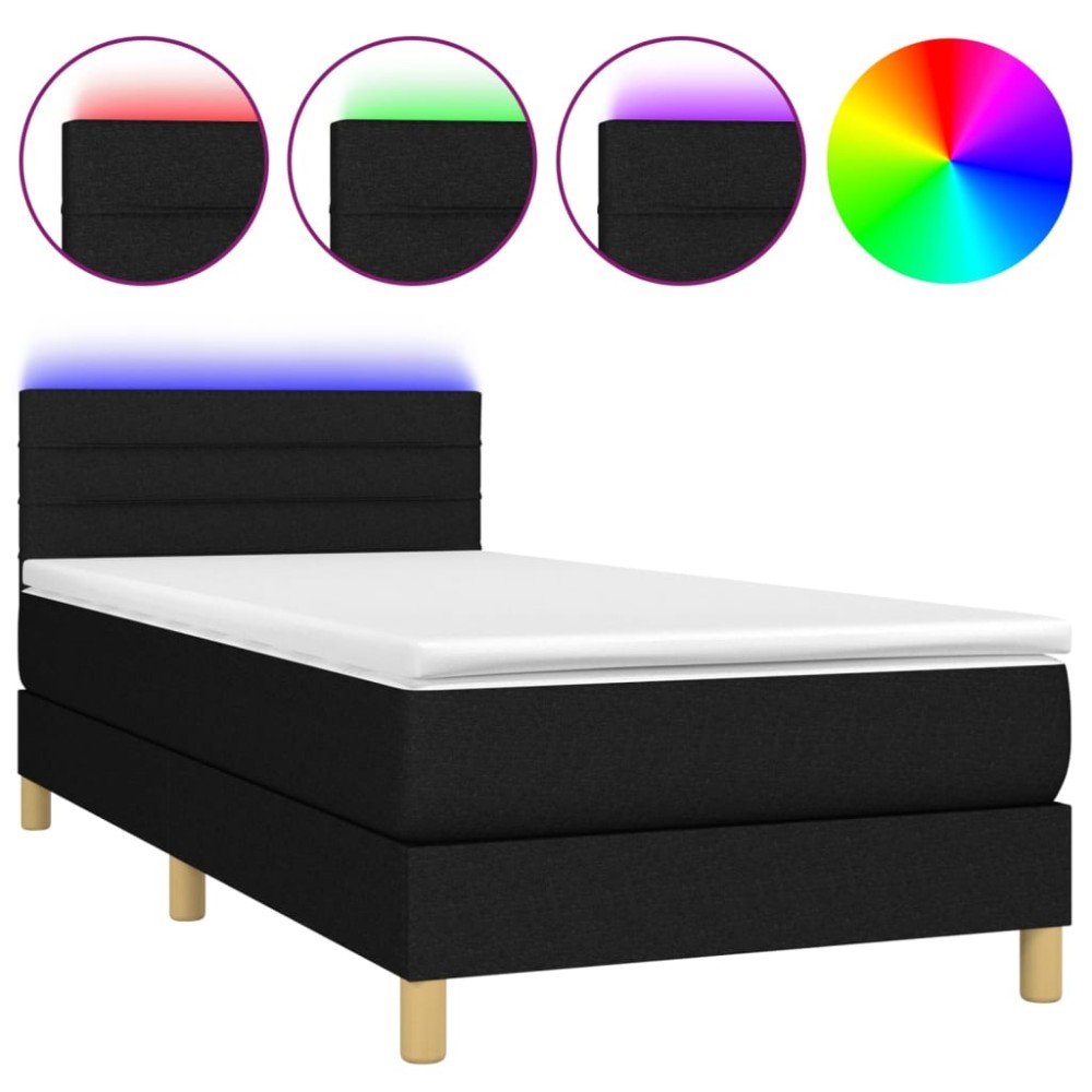 vidaXL Pat cu arcuri, saltea și LED, negru, 90x200 cm, textil