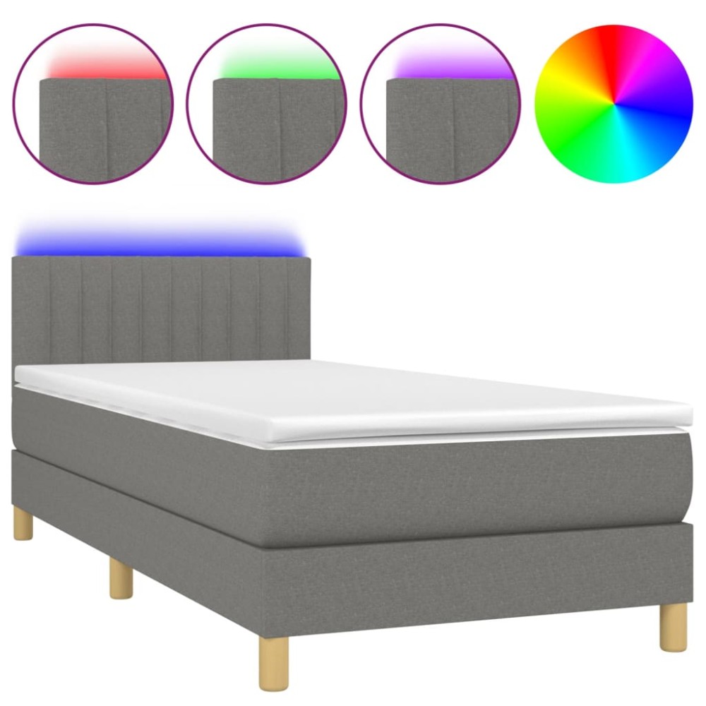 vidaXL Pat cu arcuri, saltea și LED, gri închis, 90x190 cm, textil