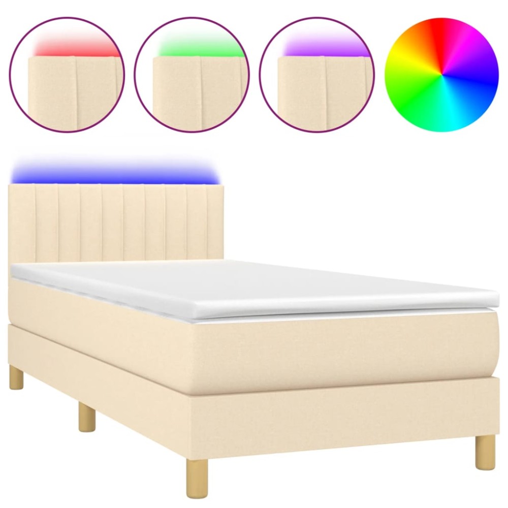 vidaXL Pat cu arcuri, saltea și LED, crem, 90x190 cm, textil